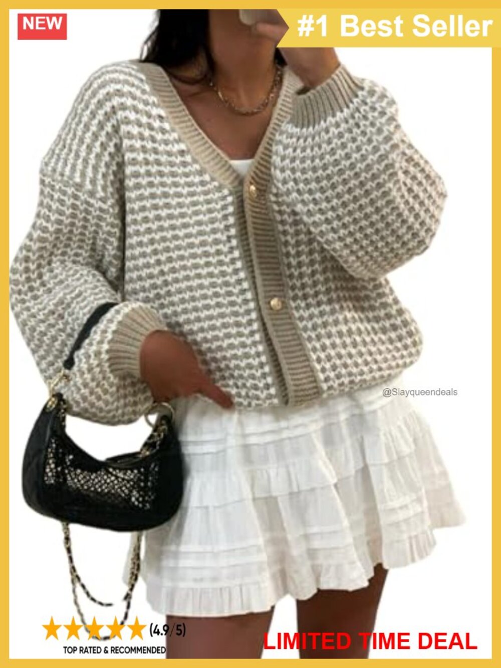 Waffle Knit Button-Up V-Neck Cardigan Balloon Sleeve